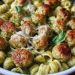 Creamy Baked Pesto Pasta with Chicken Meatballs