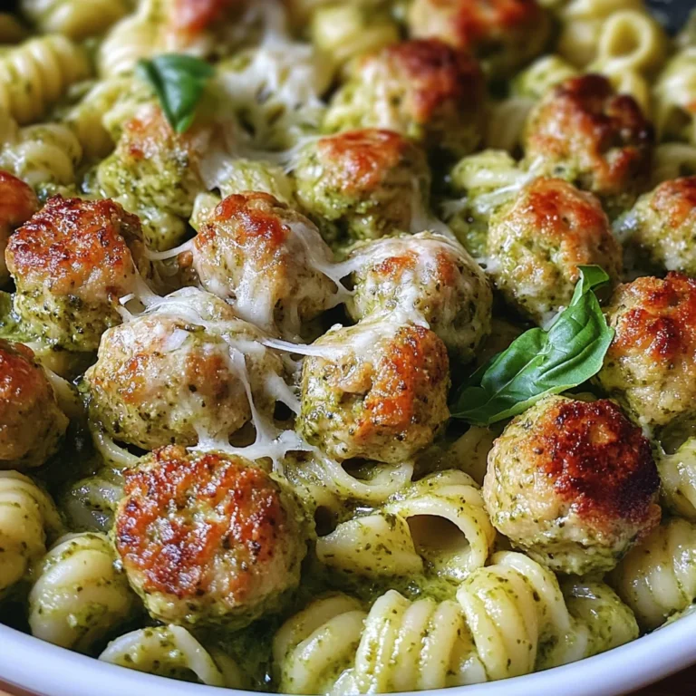 Creamy Baked Pesto Pasta with Chicken Meatballs