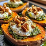 stuffed sweet potatoes with burrata ,toasted walnuts and sage pesto